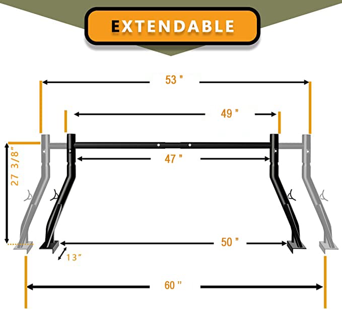 TMS 800Ibs Capacity Extendable Universal Steel Pick-Up Truck Ladder Rack Utility Two bar Set (Patent Pending) (27-3/8'') - Image 3