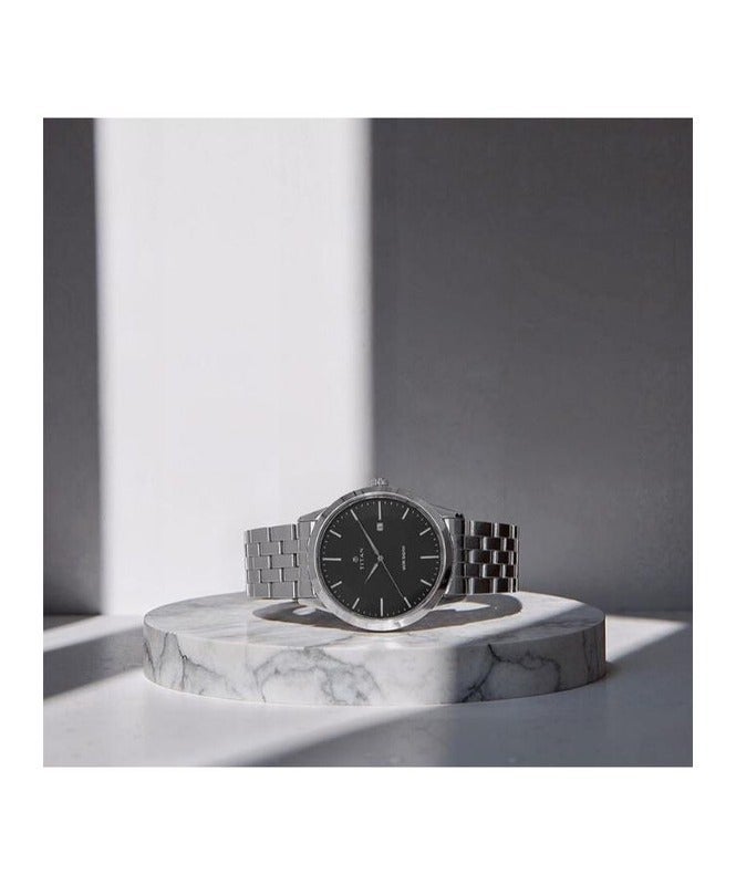 Titan Quartz Analog with Date Black Dial Stainless Steel Strap Watch for Men 1584sm04 - Image 2