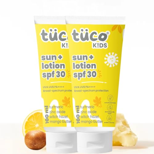 Tuco® Kids 2 in 1 Sunscreen + Body Lotion with SPF 30 | Turmeric, Licorice, Mango Butter | UVA/UVB PA++++ | Broad Spectrum | Benzophenone- 3 and Avobenzone Free | Ages 2-5, 5-10, 10-15 | 100 ml (Pack of 2) - Image 1