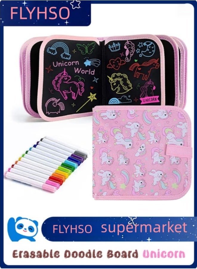 FLYHSO 14 Pages Portable Erasable Drawing Pad Reusable Sketchpad Painting Book with 12 Colored Erasable Pens for Kids Toddlers Cat，Drawing Pad for Toddlers Birthday Gifts,(Pink Unicorn) - Image 1