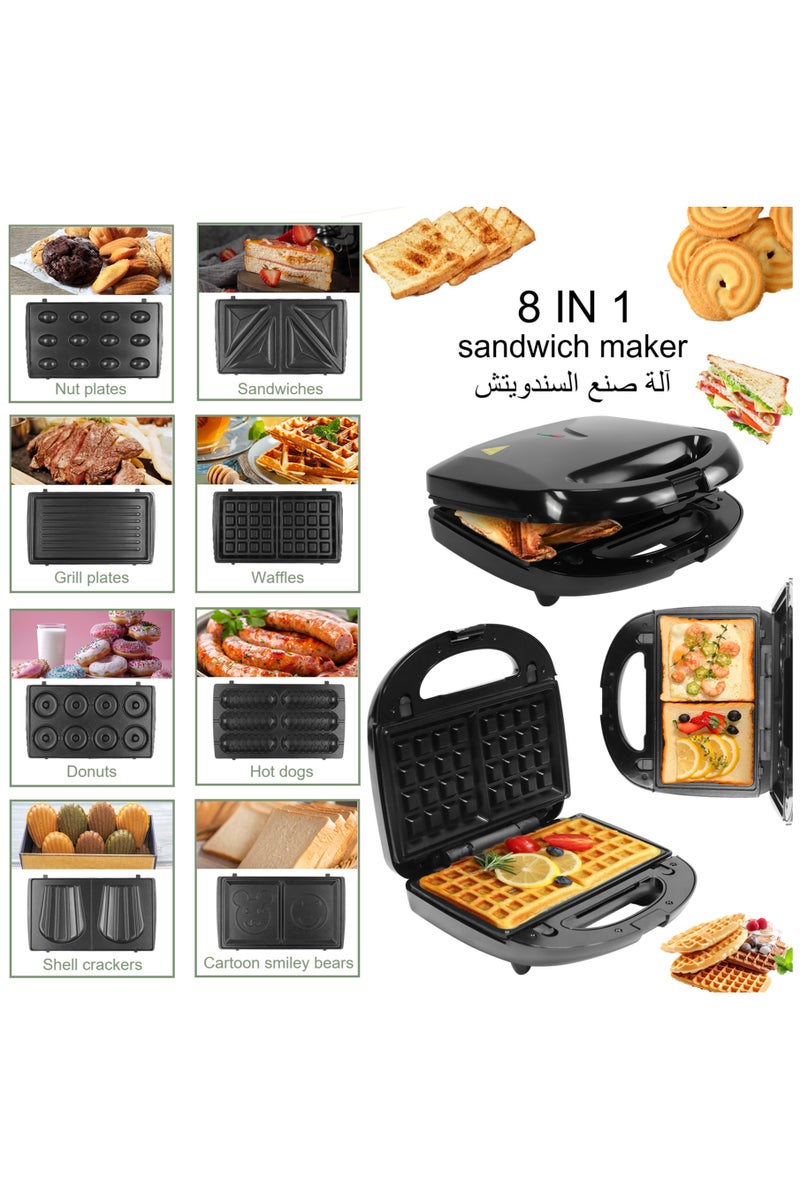 ديوينر صانعة ساندويتشات بقوة 850 واط، صانعة ساندويتشات بقدرة 8 في 1 غير قابلة للإزالة بفتحتين غير لاصقة مع 8 أطقم من صواني الشواء، مبيت من الخشب البلاستيكي المقاوم للحرارة للوافل، التحميص، الكعك، الكعك المحمص، التوست، البانيني والبرغر والستيك - Image 1