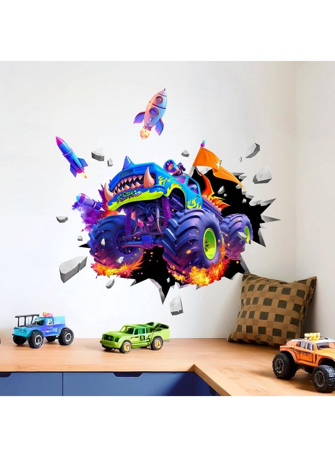 Supzone 3D Racing Car Wall Decals for Boys, Monster Truck Break Through The Wall Vinyl Wall Sticker for Kids Bedroom Nursery Playroom Classroom - Image 1