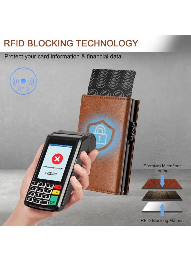 【مُطوّر】 محفظة بطاقات ائتمان مزودة بتقنية حجب RFID، مصنوعة من الجلد الطبيعي، مزودة بجيب للأوراق النقدية، ونافذة لعرض الهوية، وجيب للعملات المعدنية، وإغلاق مغناطيسي، تصميم بسيط، رفيع للغاية، محفظة نقود وبطاقات للرجال (لون قهوة) - Image 3