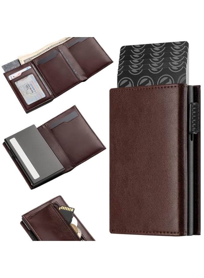 【مُطوّر】 محفظة بطاقات ائتمان مزودة بتقنية حجب RFID، مصنوعة من الجلد الطبيعي، مزودة بجيب للأوراق النقدية، ونافذة لعرض الهوية، وجيب للعملات المعدنية، وإغلاق مغناطيسي، تصميم بسيط، رفيع للغاية، محفظة نقود وبطاقات للرجال (لون قهوة) - Image 1