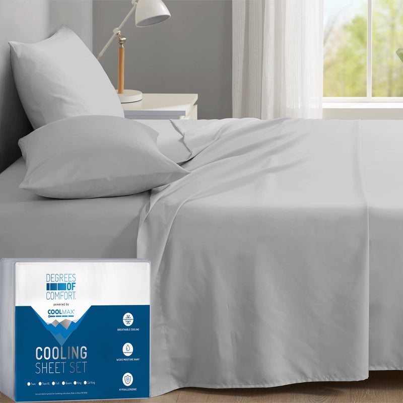 درجات الراحة مجموعة ملاءات Coolmax للتبريد لحجم سرير توين تمتص الرطوبة لليالي الحارة أفضل ملاءات مريحة للنوم الساخن خلال الطقس الدافئ مع جيب عميق 3 قطع رمادي فاتح