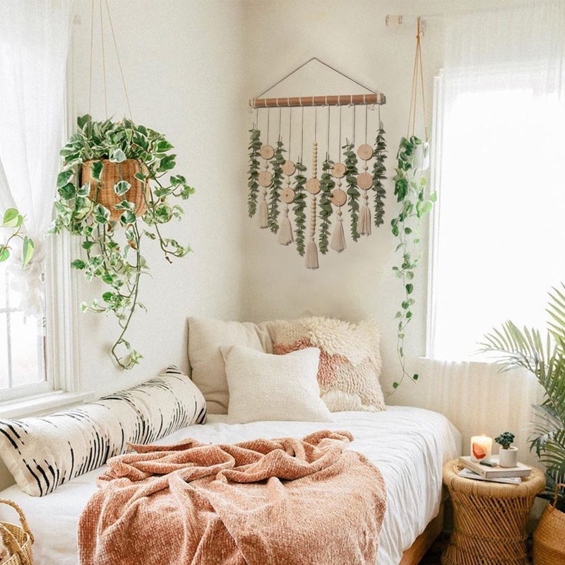GIAUMA Artificial Eucalyptus Wall Hanging Decor Fake Plant Greenery Leaves Chip Strands Beads Garland on 16.5 inch Stick Boho Rustic Farmhouse Nature Bathroom Bedroom Living Room Decorations - Image 3