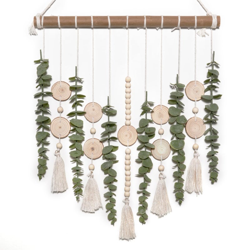 GIAUMA Artificial Eucalyptus Wall Hanging Decor Fake Plant Greenery Leaves Chip Strands Beads Garland on 16.5 inch Stick Boho Rustic Farmhouse Nature Bathroom Bedroom Living Room Decorations - Image 1