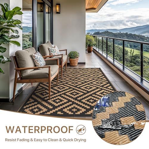 GENIMO Outdoor Rug for Patio Clearance,6'x9' Waterproof Mat,Reversible Plastic Camping Rugs,Rv,Deck,Porch,Camper,Balcony,Backyard (Black & Brown) - Image 2