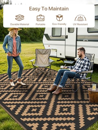 GENIMO Outdoor Rug for Patio Clearance,6'x9' Waterproof Mat,Reversible Plastic Camping Rugs,Rv,Deck,Porch,Camper,Balcony,Backyard (Black & Brown) - Image 3