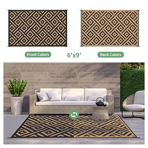 GENIMO Outdoor Rug for Patio Clearance,6'x9' Waterproof Mat,Reversible Plastic Camping Rugs,Rv,Deck,Porch,Camper,Balcony,Backyard (Black & Brown) - Image 4