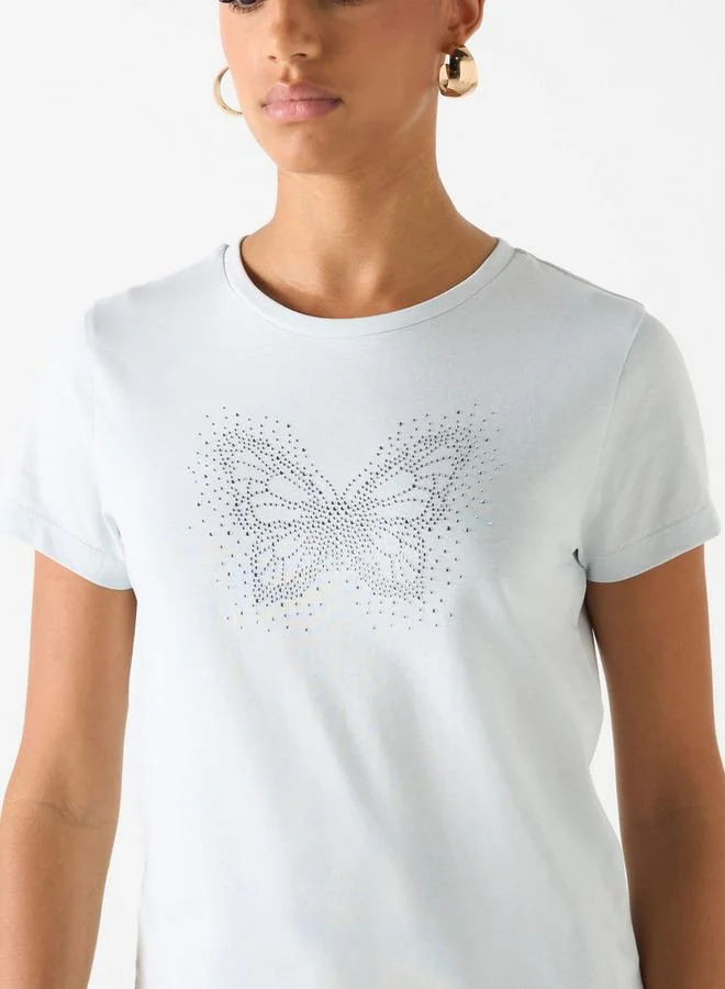 Splash FAV Embellished Crew Neck T-shirt with Short Sleeves