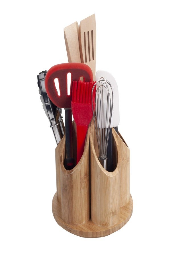 MobileVision Bamboo Circular Rotating Utensil Holder & Kitchen Organizer, 5 Sections, Store Forks, Spoons, Knives, Serving Utensils, and Other Cooking Tools - Image 2