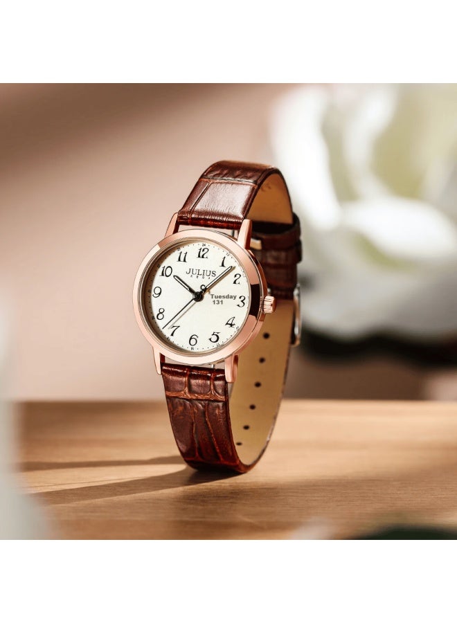 Julius Women's Watch Ja-1528b Brown Strap Gold Dial Quartz Waterproof Small Round Calendar Fashion Student Commuter - Image 3