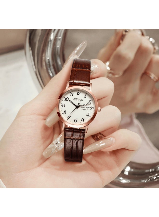 Julius Women's Watch Ja-1528b Brown Strap Gold Dial Quartz Waterproof Small Round Calendar Fashion Student Commuter - Image 1