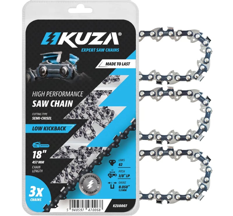 Kuza 18 Inch Chainsaw Chain 3/8" LP Pitch, 050" Gauge, 62 Drive Links, fits DEWALT DCCS672B, Craftsman, Echo, Greenworks, Homelite, Poulan, Black & Decker and more (3 Chains) - 91vxl062g, 91px062x - S62 - Image 1