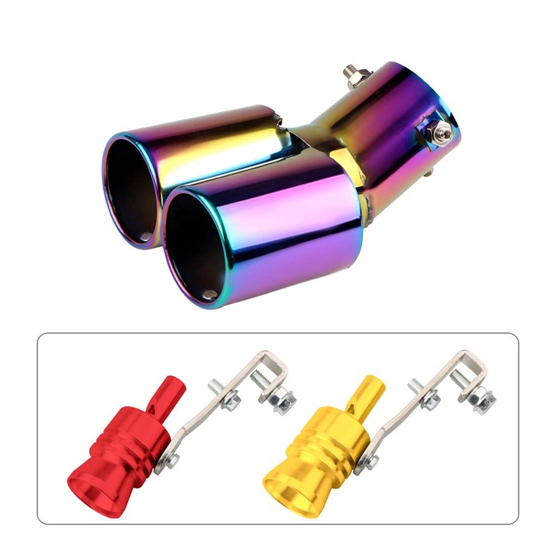 Sakali Universal Double Outlet Exhaust Tip Fit Pipe Diameter 15 to 225Stainless Steel Polished Muffler BoltOn Tail Pipe with 2 Aluminum Turbo Sound Whistle NeonCurved