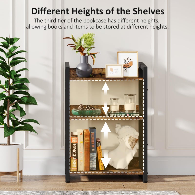 Hosfais Book Shelf Small Bookshelf: 3-Tier Wood Bookcase Industrial Bookshelf with Edge Protection Metal Narrow Bookcase Storage Organizer Display Rack for Bedroom Home Office (Rustic Brown) - Image 4