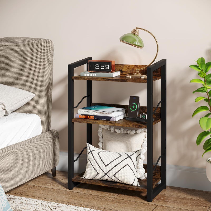 Hosfais Book Shelf Small Bookshelf: 3-Tier Wood Bookcase Industrial Bookshelf with Edge Protection Metal Narrow Bookcase Storage Organizer Display Rack for Bedroom Home Office (Rustic Brown) - Image 2