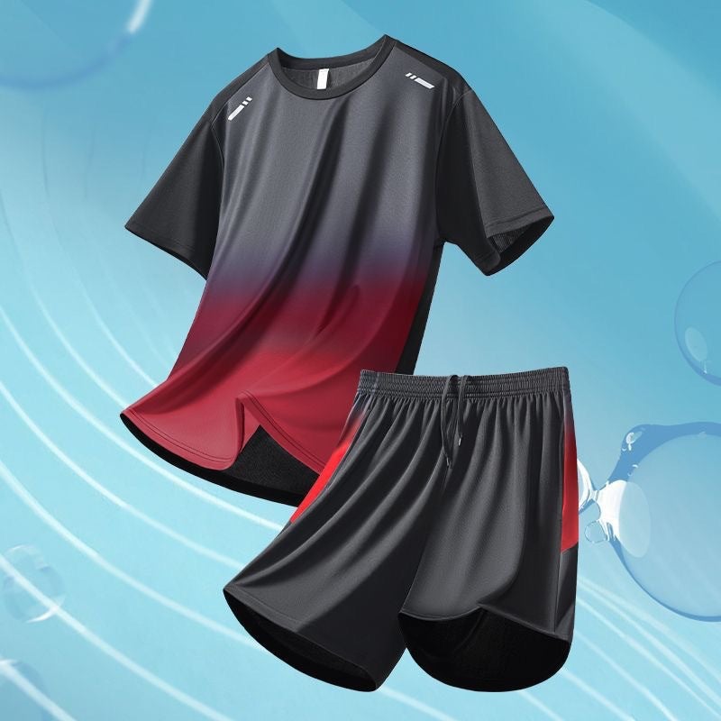 Generic 2025 Summer Thin Ice Silk Breathable Sports suit Outdoor Fitness plus size Morning Running Mens and Womens Running Quick-drying Z01 in black and red