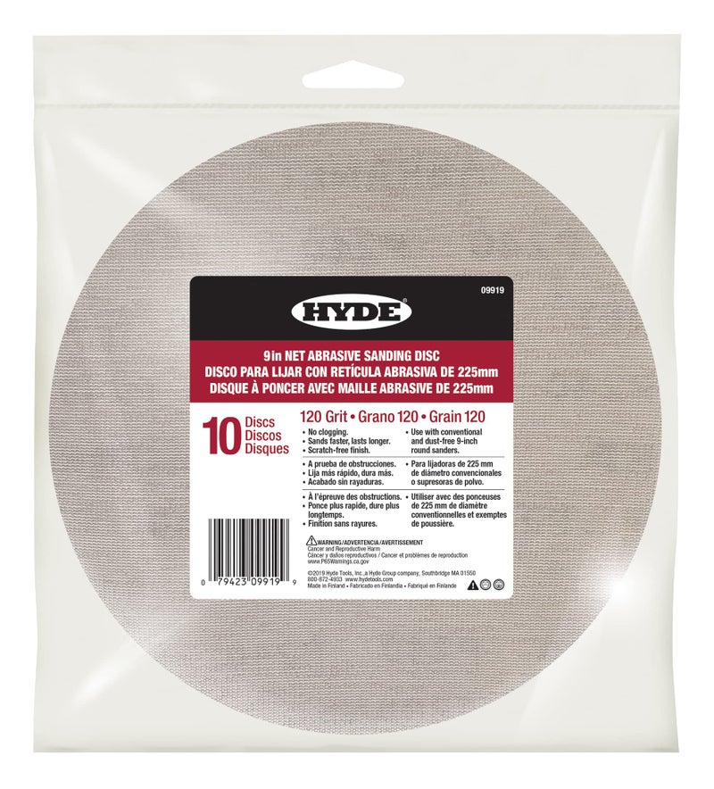 Hyde 09919 9" Disk Abrasive Sanding Net, 120 Grit, 10 Count. Large area Sanding, Fast Change abrasive sheets for a Scratch Free Smooth No-Sanding pattern.