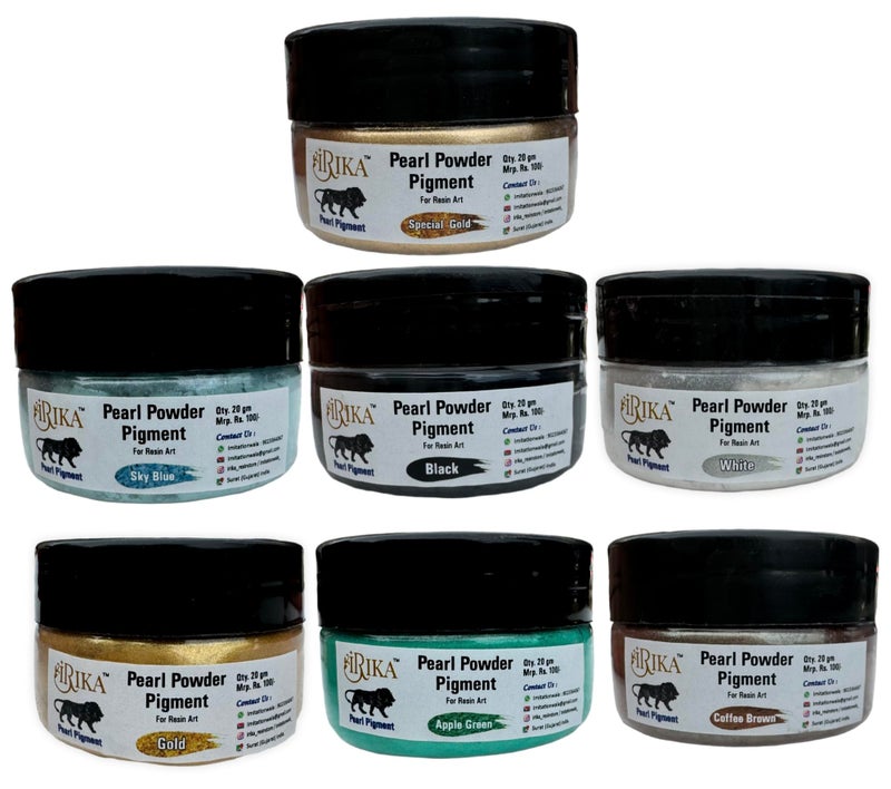 IRIKA Pearl Powder Art & Craft Pack - 7 x 20g (white, cpffee brown, black, special gold, sky blue, apple green, gold) nontoxic and mica powder based - Image 1