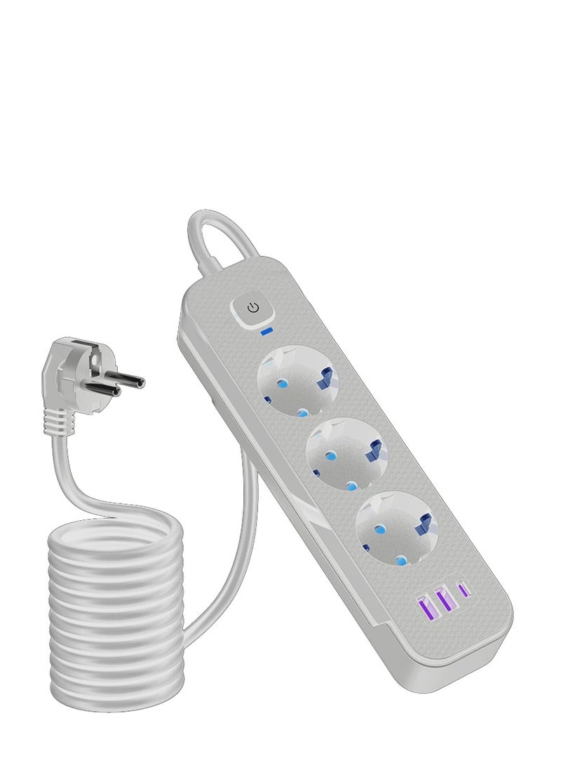Power Strip Surge Protector J13U with 2M Extension Cord, 3 AC Outlets, 2 USB Ports and 1 PD Fast Charging Type-C Ports, 2500W 10A Rated Power, 110V-250V, Advanced Safety Protection for Home, Office and Travel