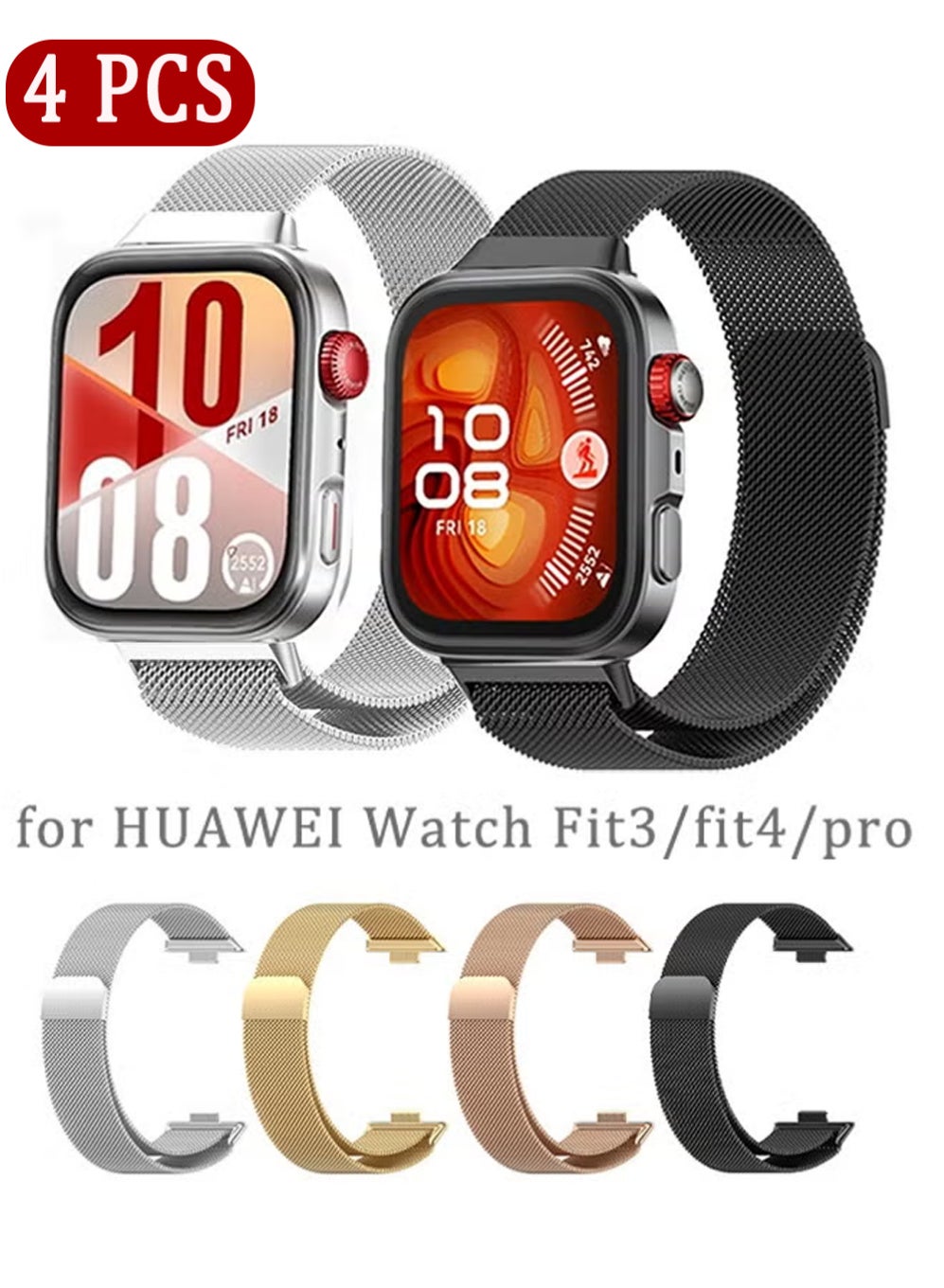 X-level 4 PCS Suitable for Huawei Watch Fit 3/Huawei Watch Fit 4/pro metal Milanese Magnetic Loop Watch Strap for Women & Men Magnetic Closure Adjustable Metal Band(Black / Silver / Rose Gold / Champagne Gold)