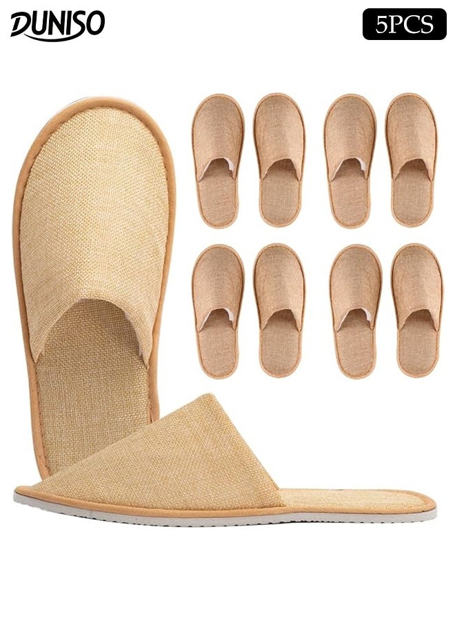 DUNISO 5Pair Linen Portable Travel Slippers Non-Slip Closed Toe Linen Disposable Guest Slippers Ultra Soft Lightweight Household Use Travel Slippers for Travel, Party Guest, Hotel and Spa - Image 1