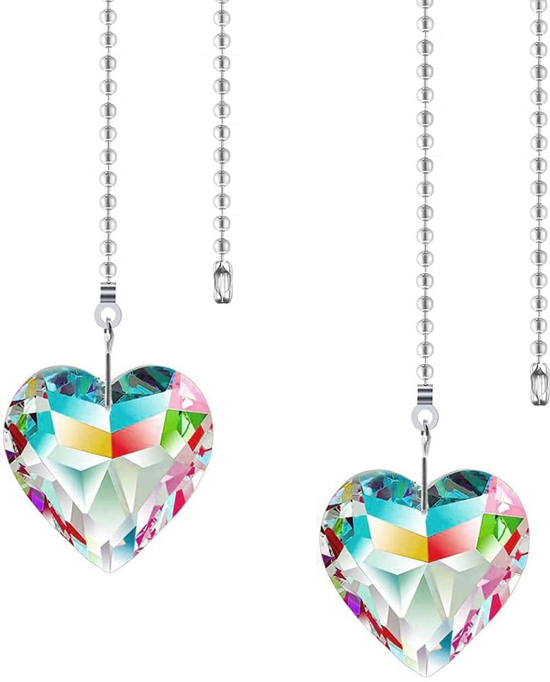 Hyamass 2 Pack Crystal Heart Prism Ceiling Fan Pull Chain Extender  Decorative Crystal Pendants with Ball Chain Connectors for Fan Light Chains Replacement Pull Chains AB COLOR