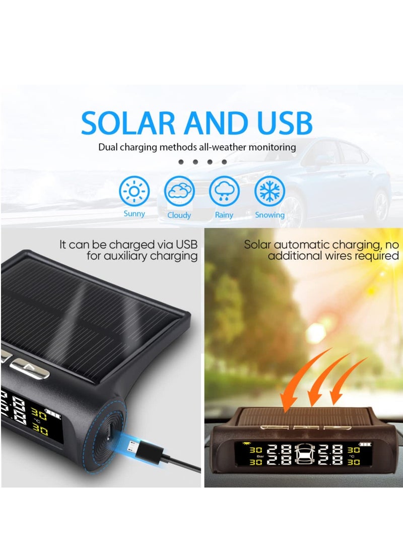 إسكدنيا Tire Pressure Monitoring System TPMS, 4 Sensor TPMS for Truck Rv Trailer Car with 6 Alarm Modes and Solar Power / USB Charge Large Screen, Long Endurance Battery Life - Image 2
