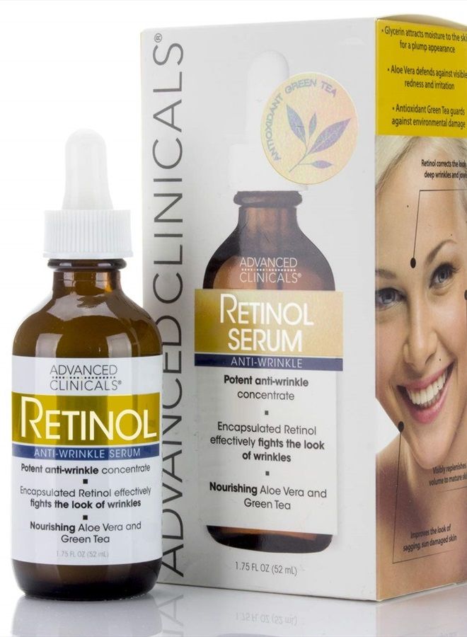 Advanced Clinicals سيروم الوجه الريتينول مرطب للعناية بالبشرة للوجه، تركيز الريتينول المضاد للشيخوخة يقلل من ظهور التجاعيد والخطوط الدقيقة مع الألوة فيرا والشاي الأخضر، 1.75 أونصة سائلة - Image 1