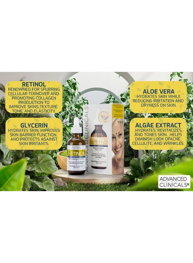 Advanced Clinicals سيروم الوجه الريتينول مرطب للعناية بالبشرة للوجه، تركيز الريتينول المضاد للشيخوخة يقلل من ظهور التجاعيد والخطوط الدقيقة مع الألوة فيرا والشاي الأخضر، 1.75 أونصة سائلة - Image 2