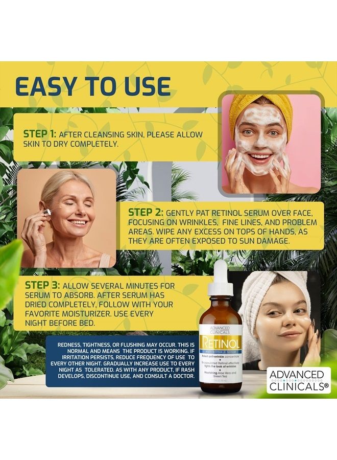 Advanced Clinicals سيروم الوجه الريتينول مرطب للعناية بالبشرة للوجه، تركيز الريتينول المضاد للشيخوخة يقلل من ظهور التجاعيد والخطوط الدقيقة مع الألوة فيرا والشاي الأخضر، 1.75 أونصة سائلة - Image 5
