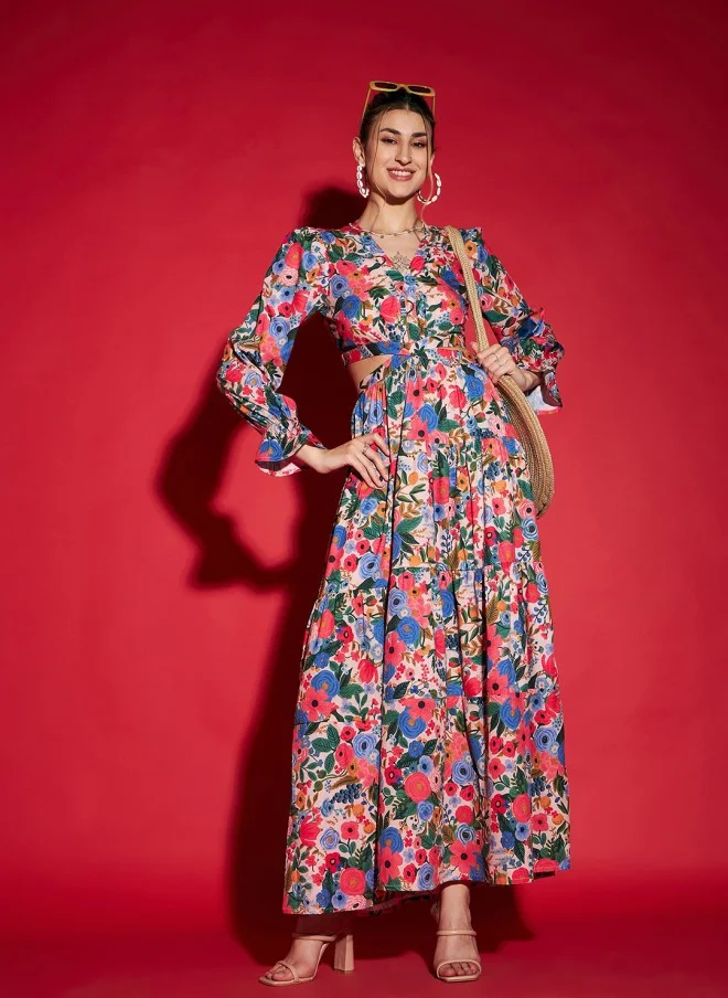 SASSAFRAS Floral Printed Cut Out Maxi Dress for Women