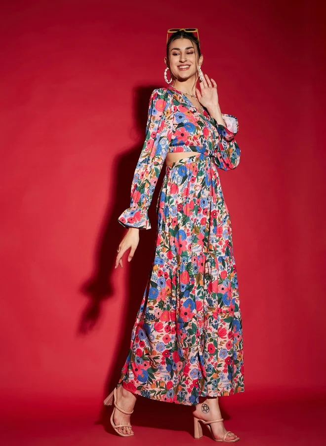 SASSAFRAS Floral Printed Cut Out Maxi Dress for Women