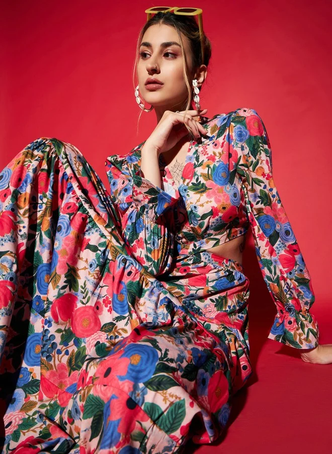 SASSAFRAS Floral Printed Cut Out Maxi Dress for Women