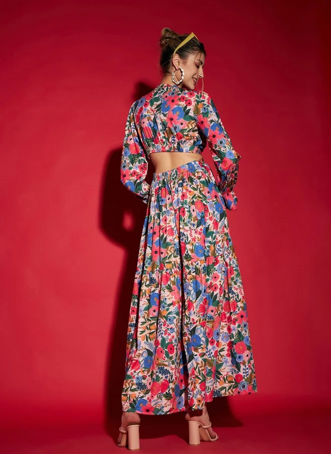 SASSAFRAS Floral Printed Cut Out Maxi Dress for Women