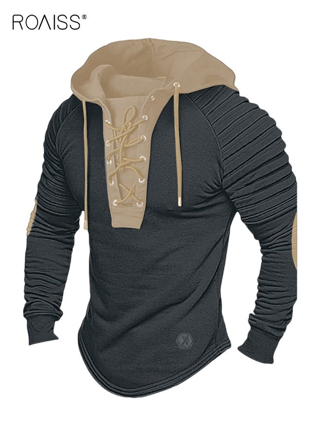 roaiss Men's Black Two-Tone Hooded Sweatshirt Long Sleeve Pullover with Drawstring Closure and Lace-Up Detailing, Machine Washable Comfortable Material for Fall Versatile for Streetwear and Formal Wear - Image 1