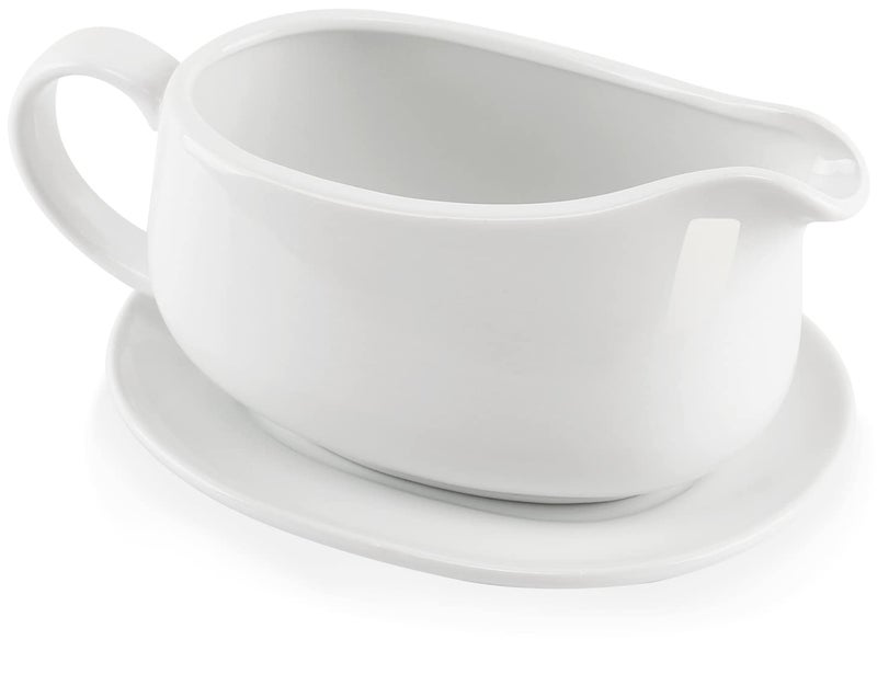 Buyajuju Buyajuju 25 oz Gravy Boat and Tray Ceramic White Gravy Boat with Saucer Stand for Dining 2 Pieces Procelain Gravy Boat and Saucer 