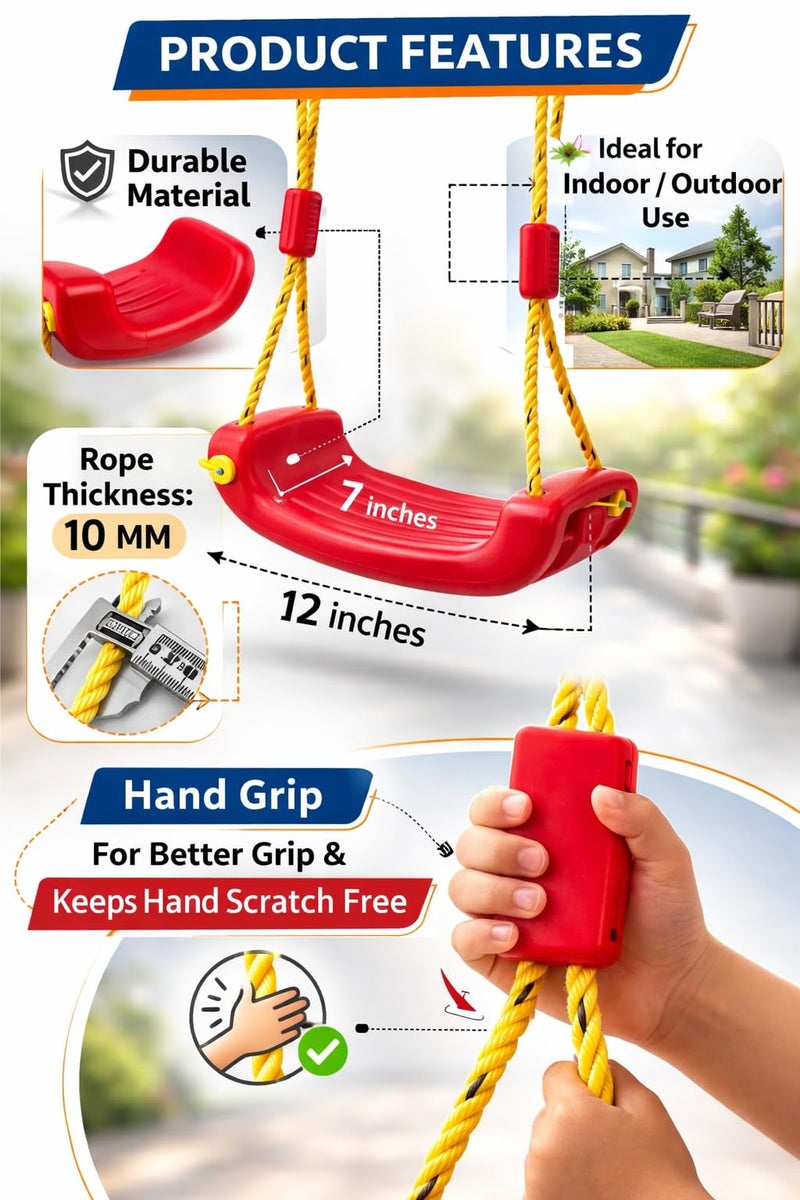 Busy Kid Swing Seat for Kids, Age 3 to 10 Years with Hand Grip (Red) - Image 2