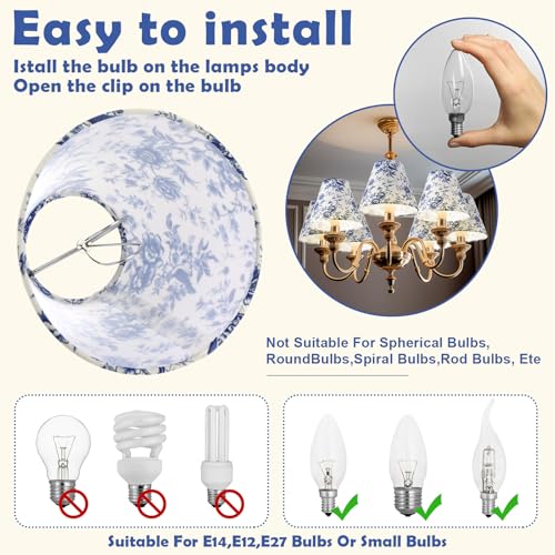 VIHOSE 6 Pcs Chandelier Shades Small Chinoiserie Lamp Shade French Countryside Toile Clip Bulbs Lampshade 3 x 6 x 5 Inch Lamp Chimney Cover for Chandelier Farmhouse (Blue Floral) - Image 4