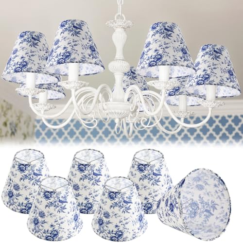 VIHOSE 6 Pcs Chandelier Shades Small Chinoiserie Lamp Shade French Countryside Toile Clip Bulbs Lampshade 3 x 6 x 5 Inch Lamp Chimney Cover for Chandelier Farmhouse (Blue Floral) - Image 1