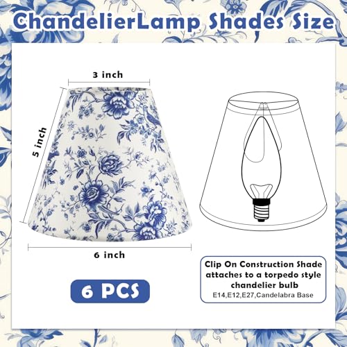 VIHOSE 6 Pcs Chandelier Shades Small Chinoiserie Lamp Shade French Countryside Toile Clip Bulbs Lampshade 3 x 6 x 5 Inch Lamp Chimney Cover for Chandelier Farmhouse (Blue Floral) - Image 2