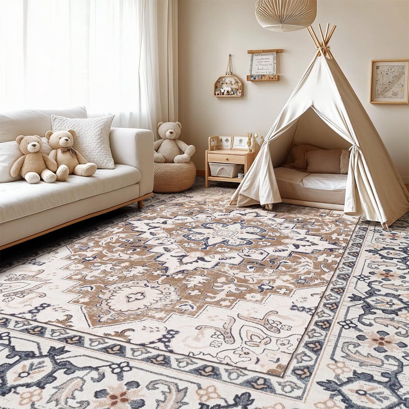 Lofus 5x7 Area Rugs for Living Room, Washable Area Rug, Rugs for Bedroom, Kitchen, Vintage Boho Carpet, Soft Non-Slip, Low Pile Large Area Rug for Office Dining Room, Floral Brown - Image 5