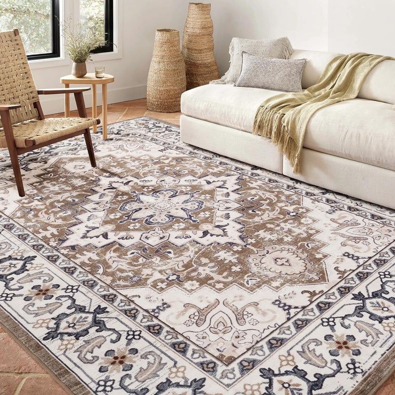 Lofus 5x7 Area Rugs for Living Room, Washable Area Rug, Rugs for Bedroom, Kitchen, Vintage Boho Carpet, Soft Non-Slip, Low Pile Large Area Rug for Office Dining Room, Floral Brown - Image 1