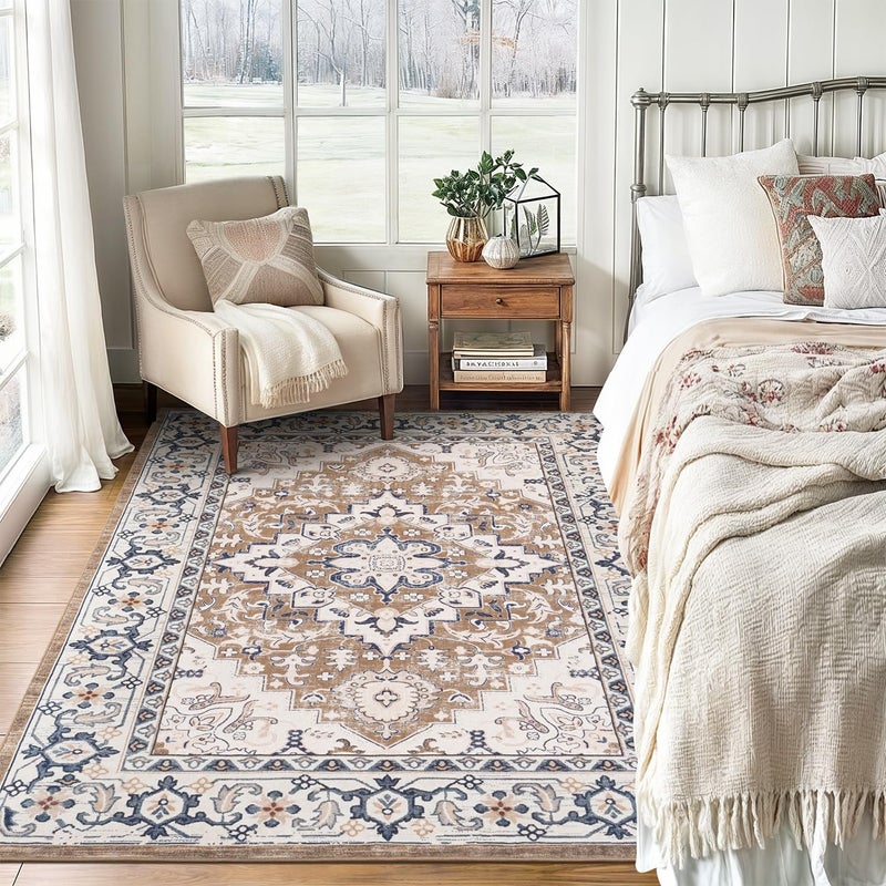 Lofus 5x7 Area Rugs for Living Room, Washable Area Rug, Rugs for Bedroom, Kitchen, Vintage Boho Carpet, Soft Non-Slip, Low Pile Large Area Rug for Office Dining Room, Floral Brown - Image 2