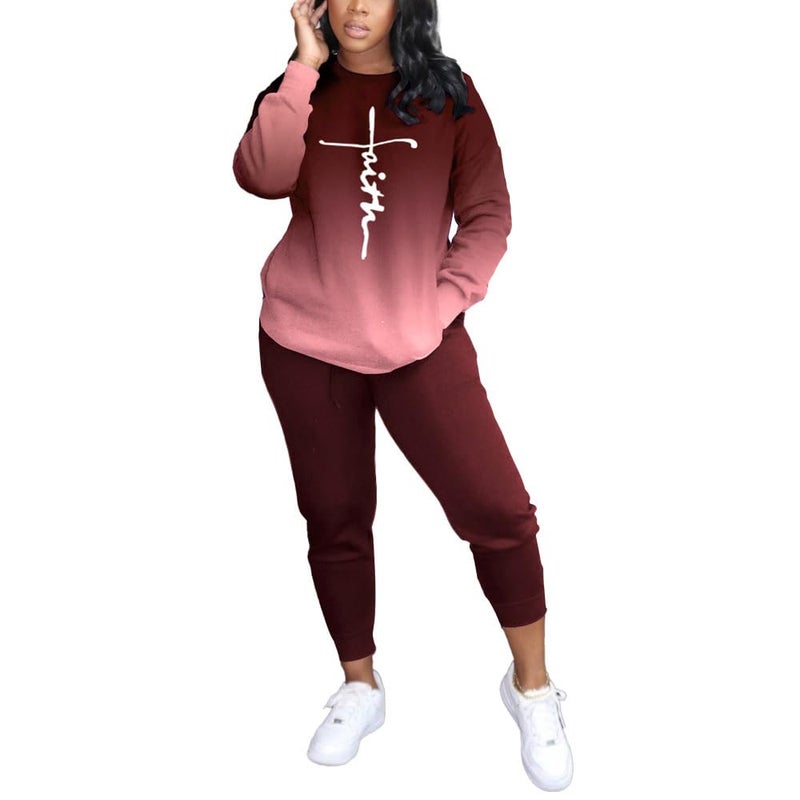 HBQ Two Piece Outfits For Women Casual Long Sleeve Sweatsuits Jogger Tracksuits Lounge Sets With Pockets-Gradient-S - Image 1