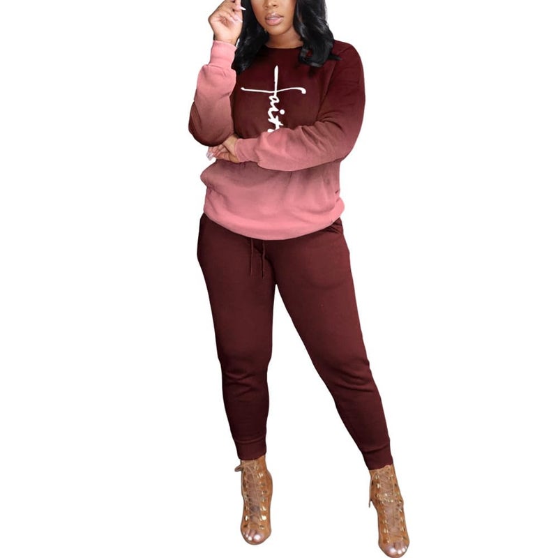 HBQ Two Piece Outfits For Women Casual Long Sleeve Sweatsuits Jogger Tracksuits Lounge Sets With Pockets-Gradient-S - Image 2