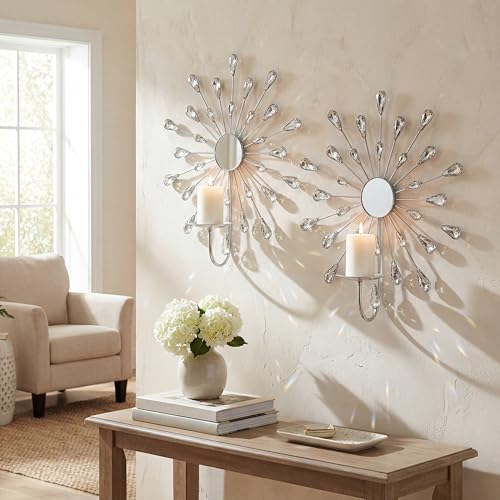 ZEXUIRU 2 Set Starburst Candle Sconces for Wall Decor Living Room Bedroom Dining Room Metal Bling Crystal Mirrored Modern WallMounted Candle Sconce Holders Hanging DecorSilver 13in - Image 3