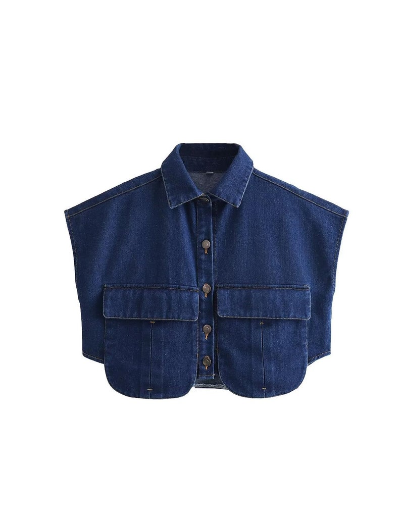 Perbai Womens Cropped Button Down Shirt Summer Collared Sleeveless Loose Denim Top with Pockets(DarkBlue-S) - Image 1